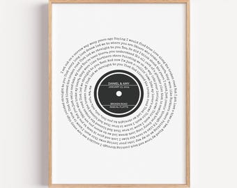 Könnte beinhalten: Ein schwarz-weißer druckbarer Kunstdruck mit einem kreisförmigen Design, das die Texte des Songs "Broken Road" von Rascal Flatts zeigt. Die Texte sind spiralförmig um einen schwarzen Kreis mit dem Songtitel und dem Künstlernamen angeordnet. Der Druck enthält auch die Namen "Daniel & Amy" und das Datum "23. Januar 2024".