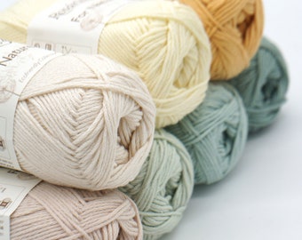 7 skeins set of 100% organic cotton (GOTS) Rosarios4 Nature - Perfect for knitting and crochet, pastel colours - DK weight, 50 g - 137 m