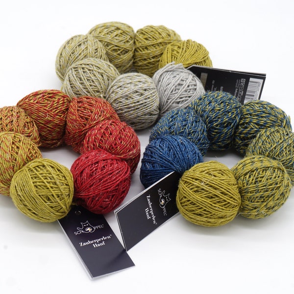 Organic merino wool and hemp fiber knitting yarn Schoppel Wolle Zauberperlen Hanf - A set of 7 mini balls of soft knitting wool - 100 g