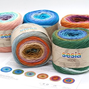 Puede incluir: Cinco ovillos de hilo Sesia Iride 100% algod&oacute;n en varias combinaciones de colores. El hilo es org&aacute;nico y viene en tonos de rosa, azul, verde, naranja y marr&oacute;n.