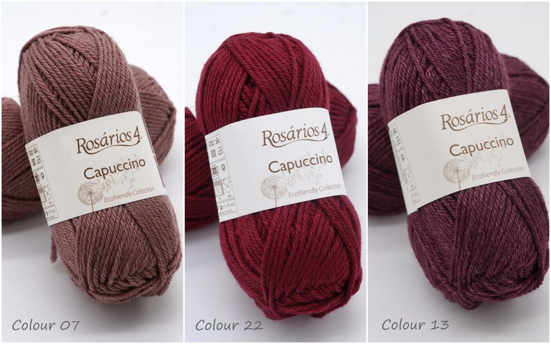 May include: Three balls of yarn in different shades of brown. The yarn is labelled "Ros&aacute;rios 4 Capuccino Ecofriendly Collection". The balls are labelled with the colours 07, 22, and 13.