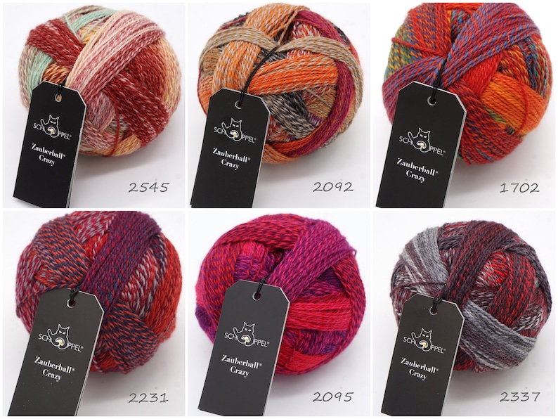 May include: Six balls of colorful yarn with black tags that say "Schappel Zauberball Crazy" and a number. The yarn is a mix of red, orange, green, purple, gray, and white.
