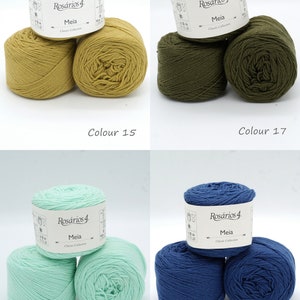 May include: Four balls of yarn in different colors: mustard yellow, olive green, light green, and navy blue. Each ball has a label that reads "Ros&aacute;rios 4 Meia Classic Collection".