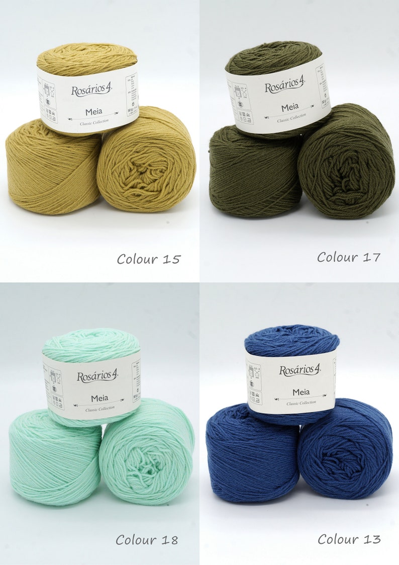 May include: Four balls of yarn in different colors: mustard yellow, olive green, light green, and navy blue. Each ball has a label that reads "Ros&aacute;rios 4 Meia Classic Collection".