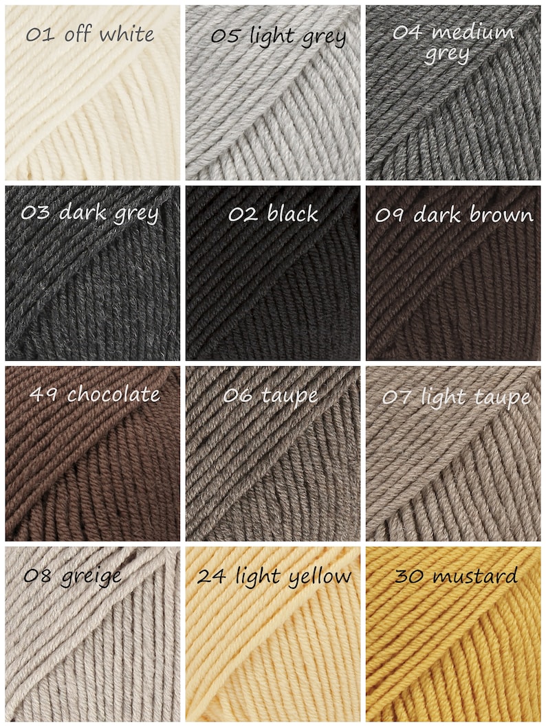May include: A collection of yarn skeins in various colors, including off white, light grey, medium grey, dark grey, black, dark brown, chocolate, taupe, light taupe, greige, light yellow, and mustard.