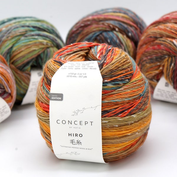 NOUVEAU ! Laine mérinos et fil de soie Concept by Katia HIRO - Laine à tricoter douce dans une gamme de couleurs riche - Laine et soie douces - 150 g - 510 m