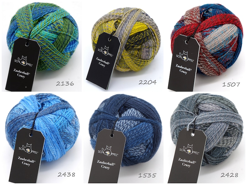 May include: Six balls of yarn in various color combinations, including blue, green, red, yellow, and gray. Each ball has a black tag with the text "Zauberball Crazy" and a number.