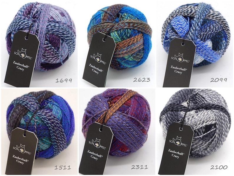 May include: Six balls of yarn in various color combinations, including purple, blue, green, brown, gray, and white. Each ball has a black tag with the text "Zauberball Crazy" and a number.