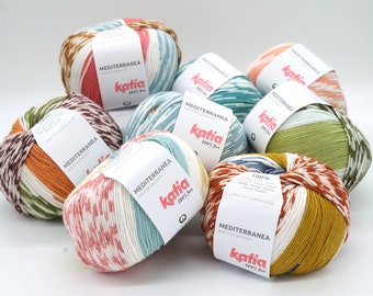 Egyptian cotton yarn Katia Mediterranea - Jacquard print knitting yarn - Crochet yarn - Soft cotton - DK weight yarn, 100 g - 230 m per ball