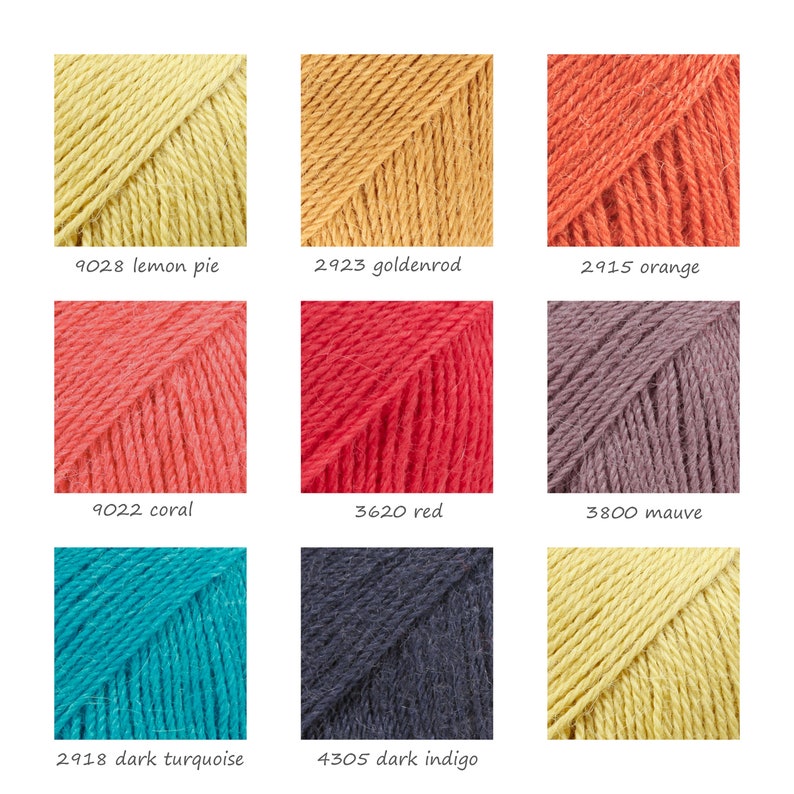 May include: Nine yarn skeins in various colors, including lemon pie, goldenrod, orange, coral, red, mauve, dark turquoise, dark indigo, and yellow. Each skein is shown in a close-up image.
