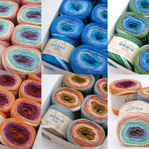 Puede incluir: Una caja de 10 ovillos de hilo Sesia Iride en varias combinaciones de colores arco&iacute;ris. El hilo est&aacute; dispuesto en dos filas de cinco ovillos cada una. El hilo es un hilo degradado con varios colores en cada ovillo.