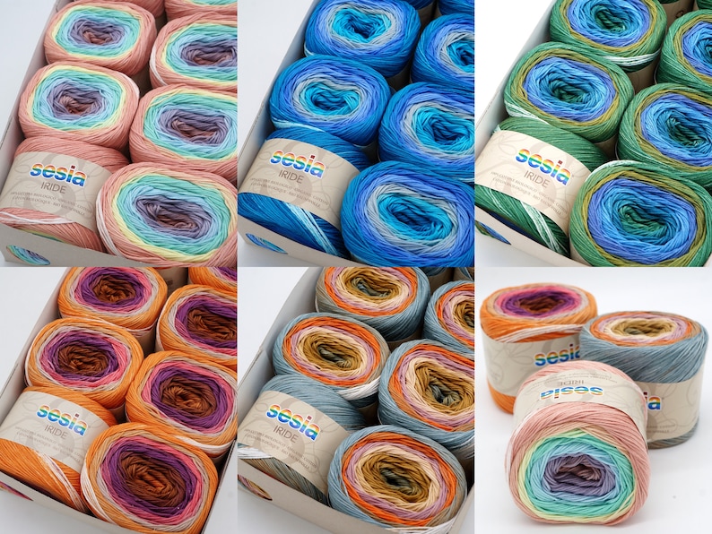 Puede incluir: Una caja de 10 ovillos de hilo Sesia Iride en varias combinaciones de colores arco&iacute;ris. El hilo est&aacute; dispuesto en dos filas de cinco ovillos cada una. El hilo es un hilo degradado con varios colores en cada ovillo.