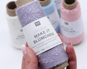 Hilo de lentejuelas Rico Design Make it Blumchen, hilo de punto brillante, hilo decorativo con pequeñas lentejuelas en forma de flor, lyocell, 25 g