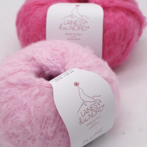 Pu&ograve; includere: Due gomitoli di lana rosa soffice. Il gomitolo superiore &egrave; fucsia vibrante, mentre quello inferiore &egrave; rosa pastello pi&ugrave; chiaro. Ogni gomitolo ha un'etichetta con il testo "LAINES du NORD" e "MADE IN ITALY". Il gomitolo inferiore &egrave; etichettato "PLUME".