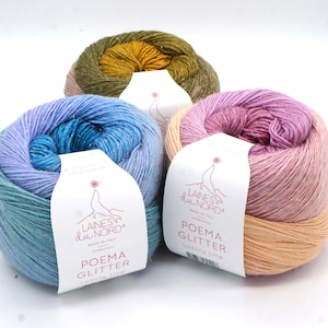 Gradient yarn merino wool knitting yarn Laines du Nord Poema Glitter - Soft degrade shimmering yarn from Italy, large balls 150 g - 600 m