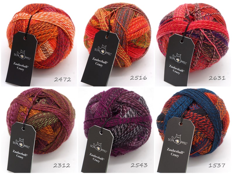 May include: Six balls of colorful yarn with black labels that say "Schappel Zauberball Crazy" and a number. The yarn is a mix of red, orange, purple, blue, and green.
