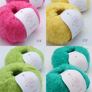 Pu&ograve; includere: Una collezione di quattro gomitoli di filato soffice in colori vivaci: rosa acceso, giallo, verde lime e turchese. Ogni gomitolo ha un'etichetta bianca con il testo "LAINES du NORD" e "PLUME". I numeri 08, 05, 09 e 17 sono visibili.
