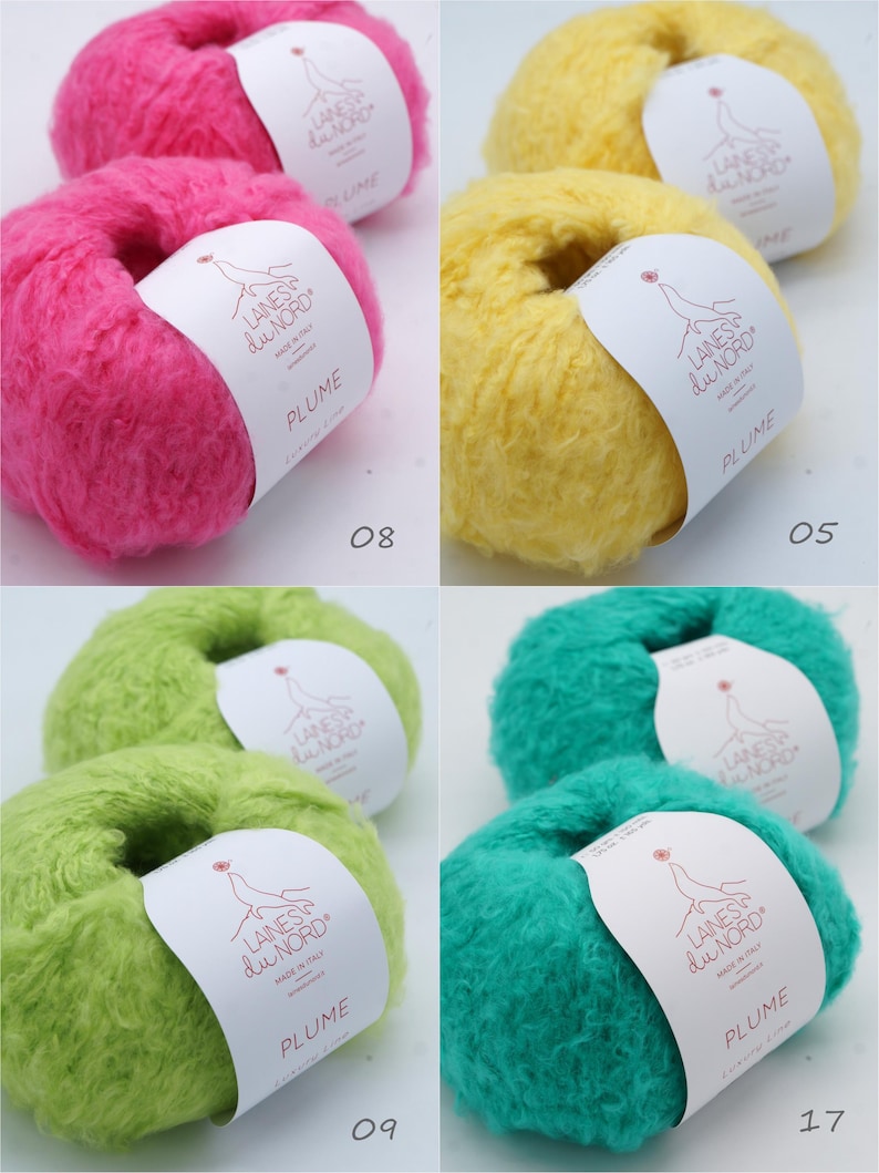 Pu&ograve; includere: Una collezione di quattro gomitoli di filato soffice in colori vivaci: rosa acceso, giallo, verde lime e turchese. Ogni gomitolo ha un'etichetta bianca con il testo "LAINES du NORD" e "PLUME". I numeri 08, 05, 09 e 17 sono visibili.