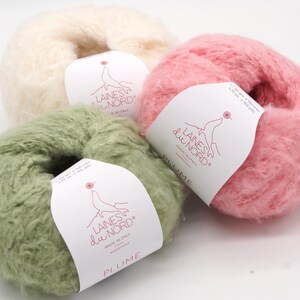 Pu&ograve; includere: Tre gomitoli di filato soffice in crema, rosa e verde. Ogni gomitolo ha un'etichetta con la scritta "LAINES du NORD" e "PLUME". Il filato &egrave; morbido e sembra essere un misto mohair, perfetto per progetti di maglia o uncinetto.