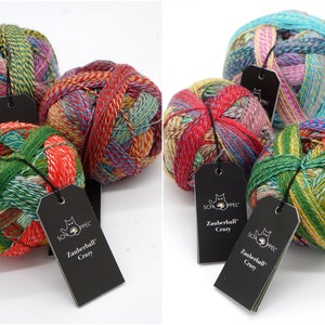May include: Four balls of colorful yarn with black tags that read "Zauberball Crazy" by Schoppel Wolle.
