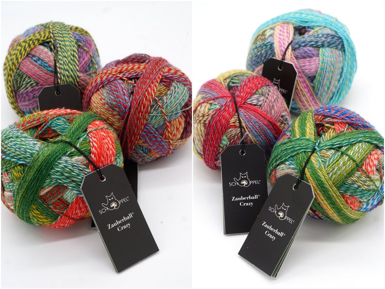 May include: Four balls of colorful yarn with black tags that read "Zauberball Crazy" by Schoppel Wolle.