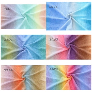 Puede incluir: Primer plano de seis muestras de tela con un patr&oacute;n de color degradado ombr&eacute;. Las muestras est&aacute;n dispuestas en dos filas de tres. Los colores de las muestras incluyen morado, rosa, azul, verde, amarillo, naranja y marr&oacute;n.