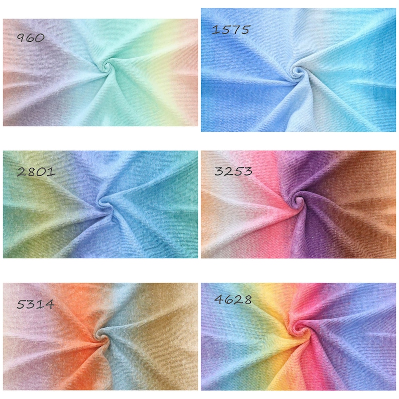 Puede incluir: Primer plano de seis muestras de tela con un patr&oacute;n de color degradado ombr&eacute;. Las muestras est&aacute;n dispuestas en dos filas de tres. Los colores de las muestras incluyen morado, rosa, azul, verde, amarillo, naranja y marr&oacute;n.