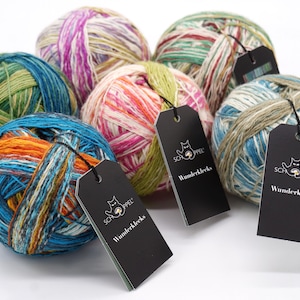 May include: Six round balls of variegated yarn in various color combinations including blue, orange, green, pink, and beige. Each ball features a black rectangular tag with the Schoppel logo and the text Wunderklecks attached by a black string.