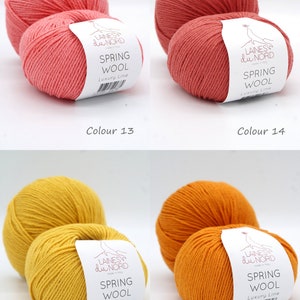May include: Four balls of yarn in two colors: coral and yellow. The yarn is labeled "Laines du Nord Spring Wool Luxury Line" and the colors are numbered 13, 14, 15, and 16.