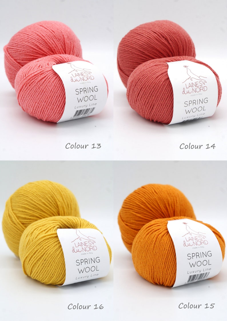 May include: Four balls of yarn in two colors: coral and yellow. The yarn is labeled "Laines du Nord Spring Wool Luxury Line" and the colors are numbered 13, 14, 15, and 16.