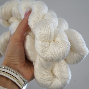 May include: A close-up of several skeins of off-white yarn. The yarn is held in a hand, showing the soft texture and the natural color. The yarn appears to be a natural fiber, perfect for knitting or crocheting projects.