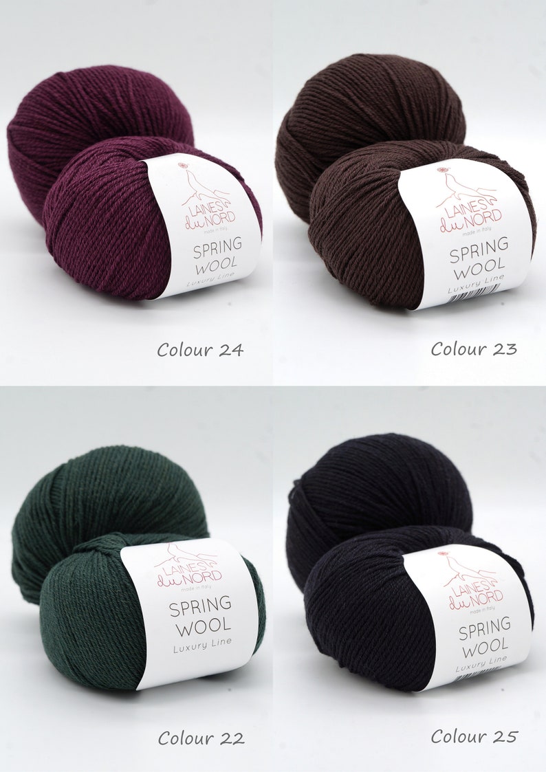 May include: Four skeins of yarn in different colors: burgundy, brown, dark green, and black. Each skein has a white label with the text "LAINES du NORD SPRING WOOL Luxury Line".