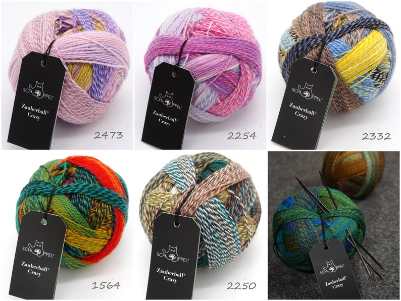 May include: Six balls of yarn in various colors and patterns, including pink, purple, yellow, blue, green, and brown. Each ball has a black tag with the text "Schoppel Zauberball Crazy" and a number.