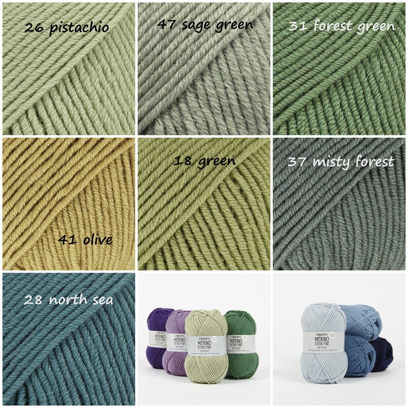 May include: A collection of yarn skeins in various shades of green, blue, and brown. The yarn is labeled with numbers and names, including pistachio, sage green, forest green, olive, north sea, green, misty forest.