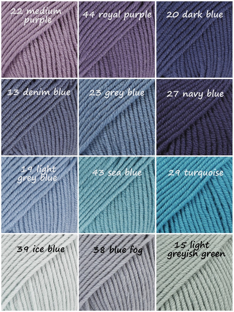 May include: A collection of yarn skeins in various shades of blue, purple, and green. The skeins are arranged in a grid pattern, with each skein labeled with a number and a color name.