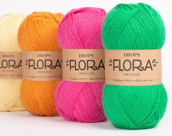 Alpaca and wool yarn DROPS Flora, knitting yarn, wool yarn, alpaca yarn, 4 ply, fingering weight yarn, DROPS yarn, 50 g -  210 m / 230 yds