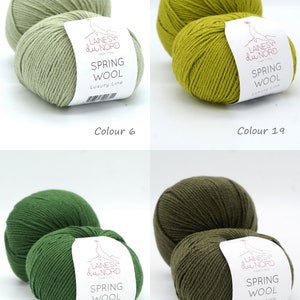 May include: Four skeins of yarn in different shades of green. The yarn is labeled "Spring Wool" and "Luxury Line" by Laines du Nord. The colors are: light green, yellow-green, dark green, and olive green.