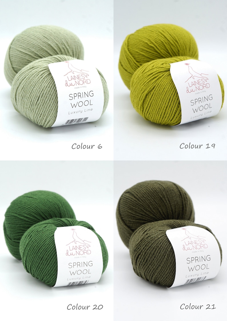 May include: Four skeins of yarn in different shades of green. The yarn is labeled "Spring Wool" and "Luxury Line" by Laines du Nord. The colors are: light green, yellow-green, dark green, and olive green.