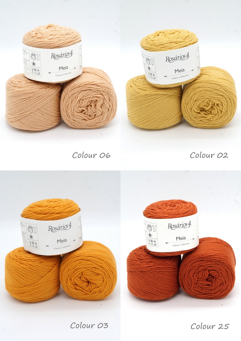 May include: Four balls of yarn in different shades of orange, yellow, and brown. The yarn is labeled "Ros&aacute;rios 4 Meia Classic Collection".