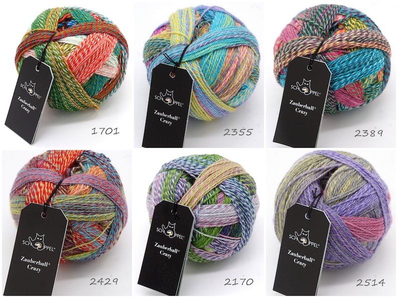May include: Six balls of colorful yarn with labels that say "Zauberball Crazy" and a number. The yarn is a mix of green, blue, purple, pink, yellow, and orange.