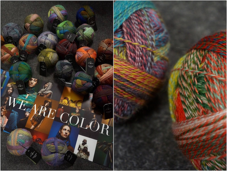 May include: A close-up of colorful yarn balls with a variety of textures and patterns. The yarn is arranged in a circle on a dark surface. The text "WE ARE COLOR" is visible in the background.