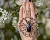 Wearable art jewelry real natural beetle electroformed with white black rhodium, gold 16 Purple Grape Chalcedony crystals inlay