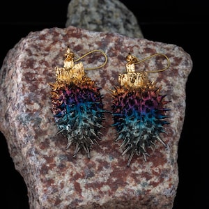 Orecchini di datura / metà della scatola di semi / oro e rutenio elettroformati / pianta della pozione della strega. Moda stregata.