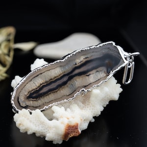 Black and transparent agate Slice pendant | gift for all occasions