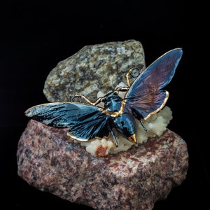 May include: A cicada-shaped brooch featuring a dark, iridescent blue-black body with gold-toned edges. The wings display a translucent, deep purple-blue hue with intricate vein detailing. The insect figure includes two small metal loops at the top.