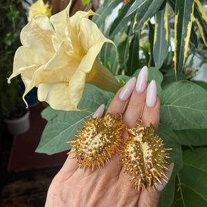 May include: A pair of gold-toned drop earrings featuring a textured, spiky, oval-shaped design. The earrings have a metallic finish and are suspended from thin gold wires, showcasing a detailed, prickly surface that mimics a natural seed pod form.