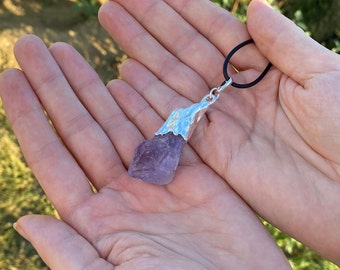 Boho Stone Jewelry: Natural crystal pendant with Raw Amethyst plated silver - unique gift for women and girls