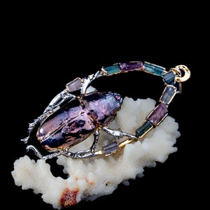 Op de afbeelding: Een gedetailleerde insectvormige broche met een metallic paarse en zilveren behuizing, gouden accenten en een ring van groene en paarse edelstenen. De broche wordt getoond op een witte koraalachtige structuur tegen een zwarte achtergrond.