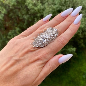 May include: A large, silver-colored ring with a textured, irregular surface. The ring has a long, oval shape and is worn on a hand with long, pointed, light purple nails. The background is a blurred green.