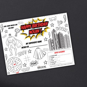 Printable Super Hero Coloring Page, Placemat Activity Sheet, Birthday Party Favor, Digital File, Super Hero Activity Sheet, Personalized